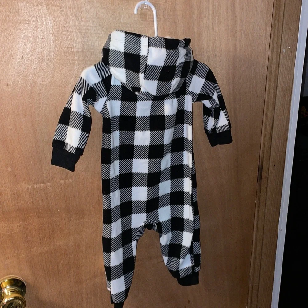 Carter’s nine month checkered, black and white with pink heart fleece onesie